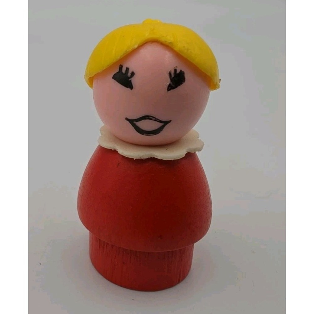 Vintage Fisher Price Little People Wood Red Mother Girl Yellow Hair 1970s